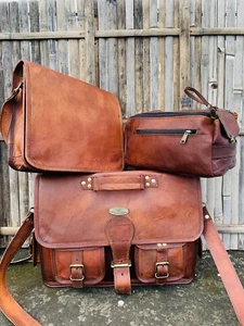 Men's Leather Vintage Laptop Messenger Briefcase Bag Satchel Combo Set of 3 - Picture 1 of 5