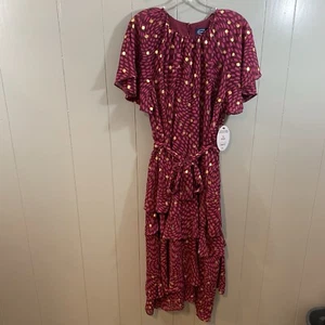 Scoop Tie Waist Midi Ruffle Dress Burgundy Animal Print Lined Party S 4 6 NEW - Picture 1 of 11