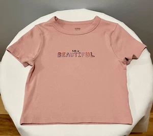 Micro maglietta cotone su rosa polvere crop con elastico "La vita è bella" donna XS - Foto 1 di 3