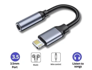 iPhone to AUX 3.5mm Adapter Cable for iPhone 14 13 12 11 X 8 Black braided nylon - Bild 1 von 6