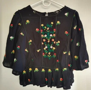 Women's Max Fashion Boho Floral Colorful Embroidered Top Black Size XS 8 - Picture 1 of 8
