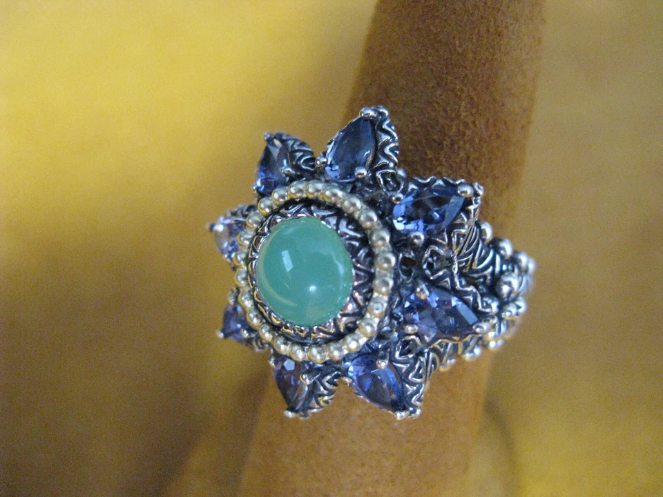 ANILLO PIEDRAS PRECIOSAS BARBARA BIXBY TALLA 7 FLOR TALLADA Iolita Crisoprasa SS 18K Regalo Foto 1 de 1