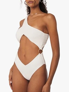 We Wore What Asymmetrical Cross-Over One Piece SZ M Au 10 Ivory Cut Swim wear - Picture 1 of 6