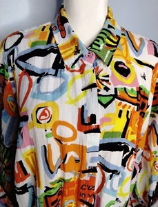 Ali Miles Womens 1X Bright Artsy Print C'est La Vie Button Front Top 3/4 Sleeve - Picture 1 of 18