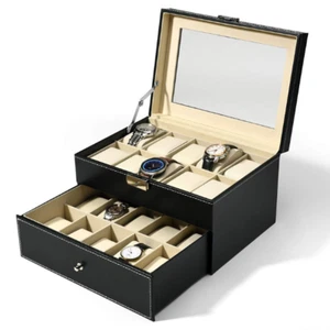 1x Metal Hinged Men 20 Grids Black Faux Leather Watch Jewellery Dual Layer Box  - Imagen 1 de 8