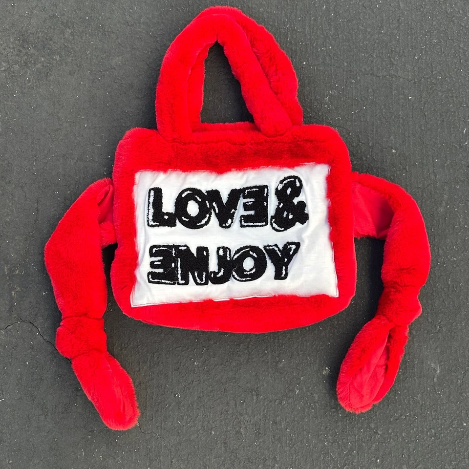 Zara Girls Red Plush Bag Handbag Purse Tote with Floppy Arms Text - Love & Enjoy - Image 1 of 4