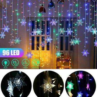 Christmas 96 LED Curtain Window Snowflake String Fairy Lights Waterproof Decor - Image 1 of 4