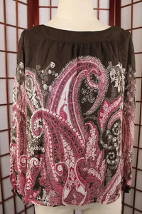 Top Ann Taylor Manga Larga 100% Seda Pequeña Talla 4P Marrón Rojo Paisley - Imagen 1 de 6