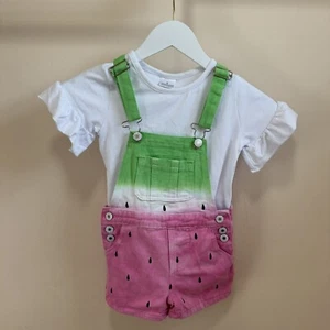 NWOT Girls Watermelon Overall Shorts With White Tee Set Size 6 / XL - Picture 1 of 12
