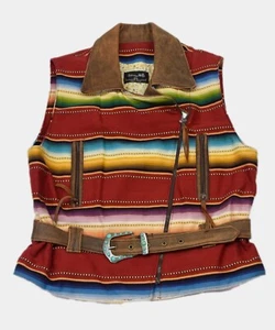 PATRICIA WOLF Serape Chaleco de Cuero Chaqueta Grande Multicolor Cinturón Occidental RARO - Imagen 1 de 7