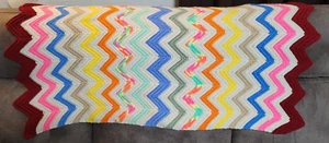 Handmade Knit Ripple Chevron Pattern Afghan Throw Blanket Multicolor 48x33 - Picture 1 of 3