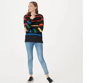 NWOT Peace Love World Rainbow Striped Navy Sweater Sz S - Picture 1 of 4