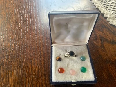 Damen Ring 835  Sterlingsilber mit 6 Edelsteinen als Perlen austauschbar 70er - Bild 1 von 4