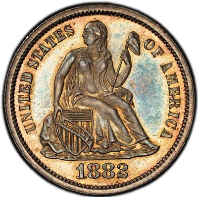 Liberty Seated Dime 1882 PCGS Proof-63 CAC! Beautiful near-Gem! Nicely Toned! - Image 1 of 4