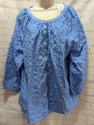 Top Kim Rogers Mujer XXL Peri Azul Ojales Botón Delantero Algodón Campesino Manga 3/4 Foto 1 de 4