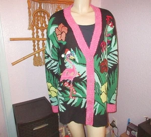 Holiday Ugly Christmas Sweater Cardigan Size L Flamingo Glitter Sequins Poms EUC - Bild 1 von 10