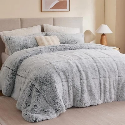 Malea Shaggy Bedding Comforter Set, Long Faux Fur Cozy Full/Queen Black/White - Image 1 of 4