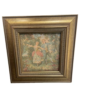Tapestry Romantic French Wood Framed Artwork 9” x 9” Colorful Lady & Man Vtg - Picture 1 of 5