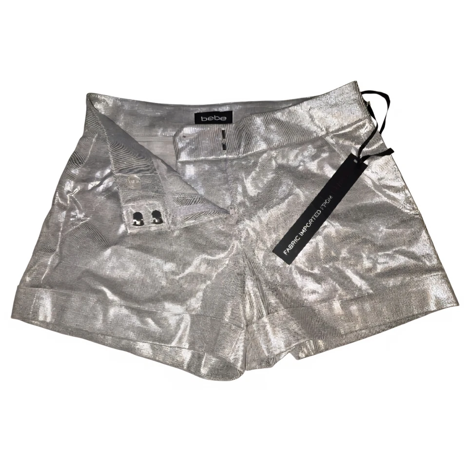 Bebe женщин шорты размер 00 Серебряный металлический с манжетами брюки заниженной совершенно новый - Изображение 1 из 4