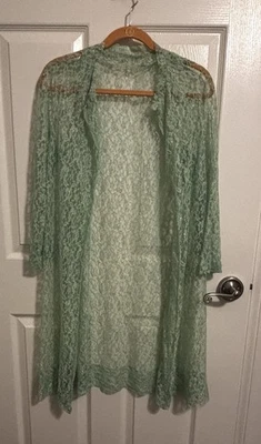 OOAK Green LACE Cardigan Duster  Floral BOHO Hippie Cover-Up Women 70’s - Image 1 of 4