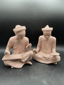 Ceramic Sculptures Vietnamese Scholar Gia Loi Pink 1940-50's Set 2 MCM Pink - Picture 1 of 10