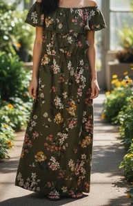 Derek Hart Boho Coquette Midikleid Damen Large Off Shoulder Rüschen Floral - Bild 1 von 12