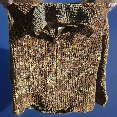 Blusa con botones Coldwater Creek para mujer talla 1X tela elástica dorada brillante Foto 1 de 4