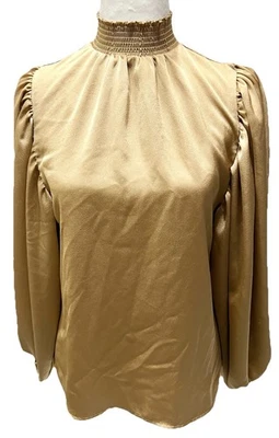 Vince Camuto Balloon Sleeve Top Womens XS Gold Glam High Smocked Neck Party Work - Image 1 of 4