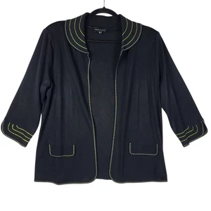 Ming Wang Jacket Blazer Women's  Petite Large Black Yellow Stitching Collared - Picture 1 of 9