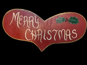 Cuore da parete in legno dipinto a mano Natale vintage agrifoglio 10” x 4” design arte popolare - Foto 1 di 9