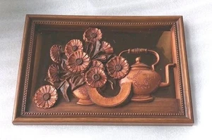 Vintage 3D copper art frame teapot & flowers MCM in brown frame - Picture 1 of 3
