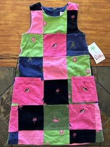NWT VTG Lilly Pulitzer Corduroy Patchwork Dress Jumper Dogs Palm Tree Girls Sz 8 - Picture 1 of 15