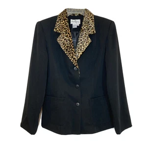 Newport News Womens Size 8 Blazer Jacket Black Leopard Trim Work Career - Picture 1 of 4