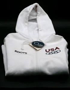 Vintage Neu mit Etikett 2004 Roots USA olympische Hoodie-Jacke mit durchgehendem Reißverschluss und Stickpatches SCHÖN! - Bild 1 von 19