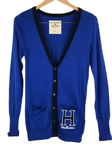 Hollister Sweater Small S Blue Black School Cardigan Preppy Logo Y2K V Neck - Picture 1 of 7