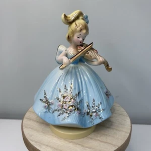 Josef Originals Girl Playing Violin Blue Dress Music Box Revolves W/Sticker 6.5” - Picture 1 of 12