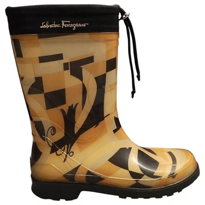 Salvatore Ferragamo Mid-Calf Rain Boots Womens 7 Brown Logo Rubber Sole Pull On - Image 1 of 4