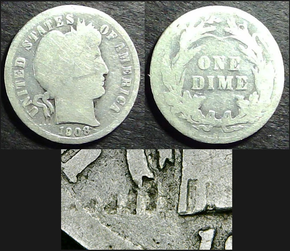 1908 Barber dime with Struck Through error on Obverse. - Image 1 of 1