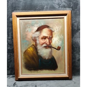 VTG Signed Benson Old Man Portrait Smoking Pipe Oil Canvas Painting Framed - Picture 1 of 10