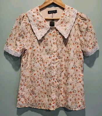 New Allegra K Cottagecore Floral Embroidered Puff Sleeve Button Up Top M - Image 1 of 4