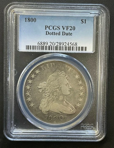 1800 Draped Bust, Heraldic Eagle Silver Dollar, PCGS VF-20, Dotted Date Variety Cover