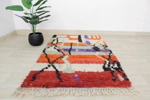 Alfombra marroquí bujaad hecha a mano tribal bereber marfil negra alfombra roja lana suave - Imagen 1 de 14