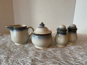 Noritake Stoneware Sugar Bowl, Creamer, Salt & Pepper Set Blues Festival Pattern - Picture 1 of 7