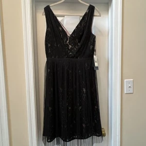 Adrianna Papell Shirred Illusion Overlaid Lace Dress AP1D100192 Black V Neck 10 - Picture 1 of 11