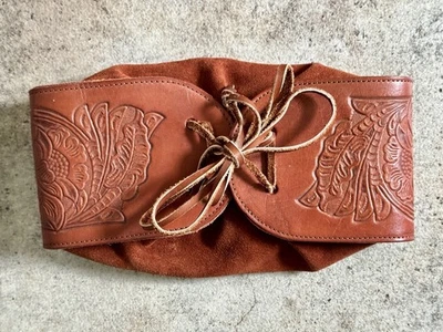 Vintage Tooled Leather Drawstring Pouch with Floral Design – Western Boho Style - Image 1 of 4