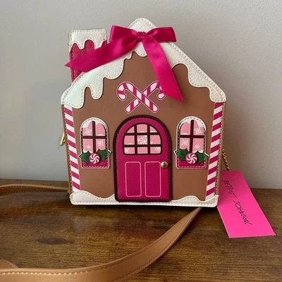Nuevo Bolso Bandolera Betsey Johnson Navidad Pan de Jengibre Casa Rosa Marrón Lindo Foto 1 de 4