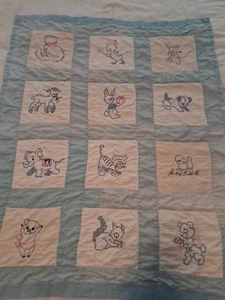 Vintage Cross Stitch Baby Quilt Baby Animals Blue 30 X 38....Y - Picture 1 of 17