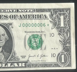 (S/N 6!) 1 $ sehr niedrige seltene einstellige Sternnote ausgefallene Seriennummer J00000006* - Bild 1 von 5