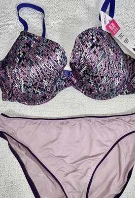 Sutiã Maidenform cetim 36D suporte de elevação UW cubo geométrico roxo VS calcinha GG novo com etiquetas - Imagem 1 de 4