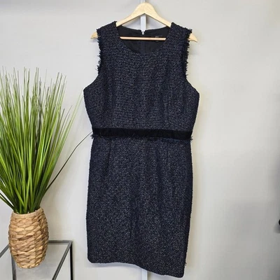 Vestido de tweed sin mangas J Crew azul marino ribete de terciopelo metálico brillante talla 16 Foto 1 de 4